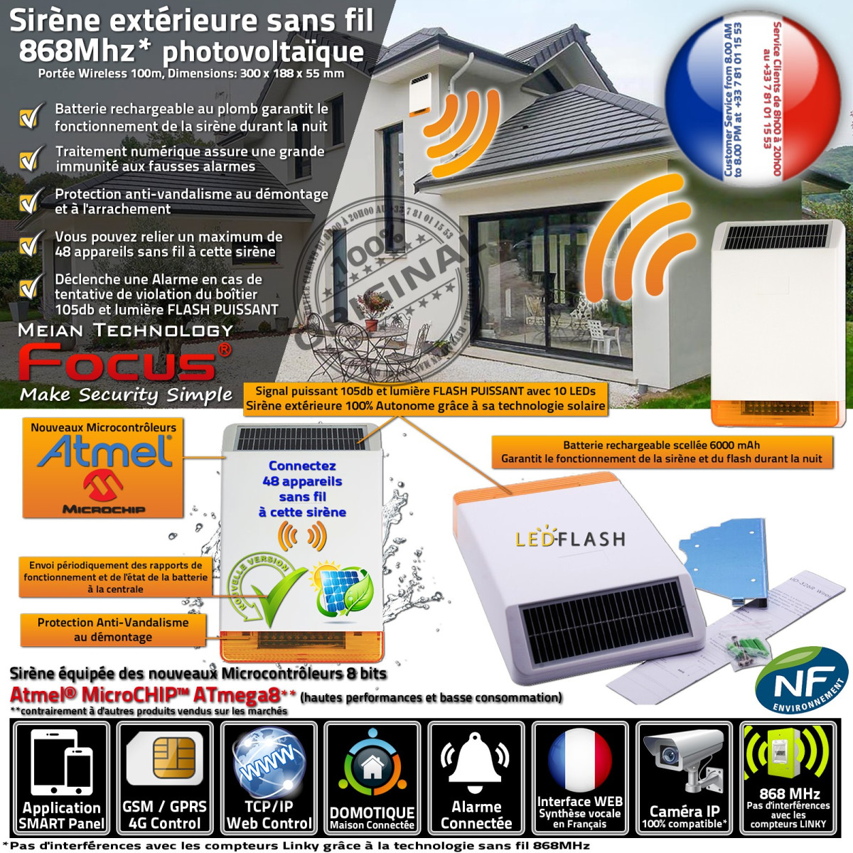 Sirène D'alarme Extérieure MeianTech Focus MD-334 - 868 MHz - 100dB Avec Flash - Connectée