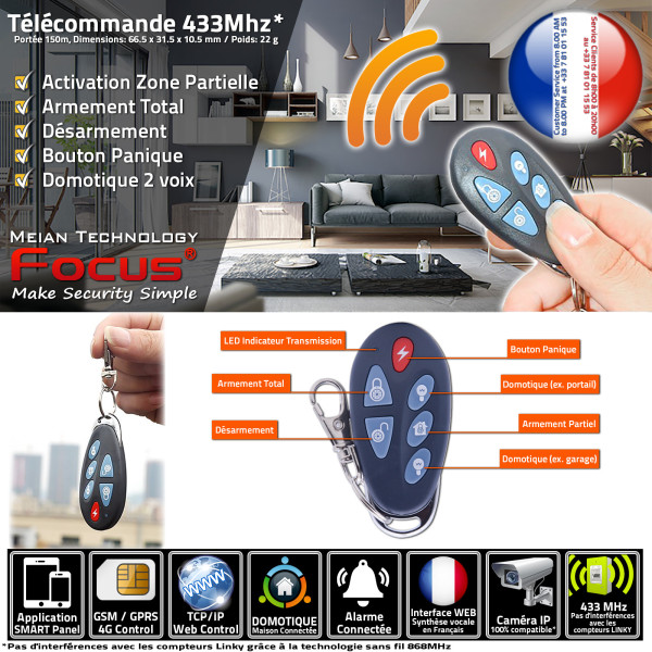 Transmission Domotique Cave Alarme Connecté Système SOS Armement Télécommande PB-403R Sécurité Fonctions Désarmement 6 Sans FOCU